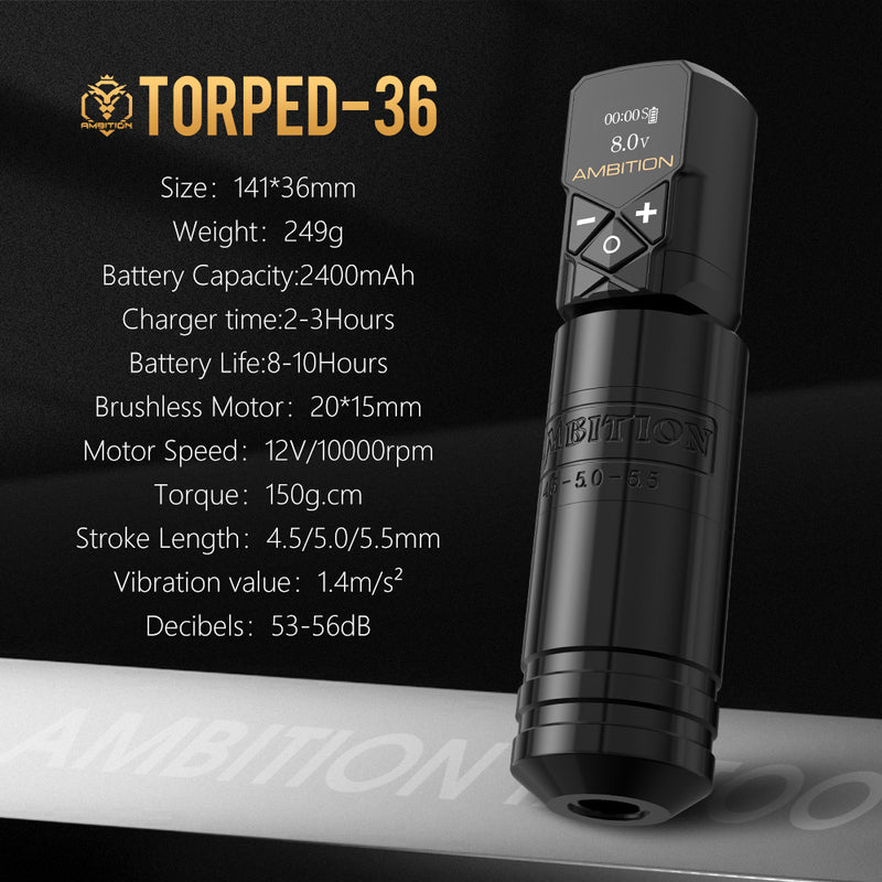 Ambition Torped 36 Stroke 4.5-5.0-5.5mm Powerful Brushless Motor Rotary Tattoo Pen