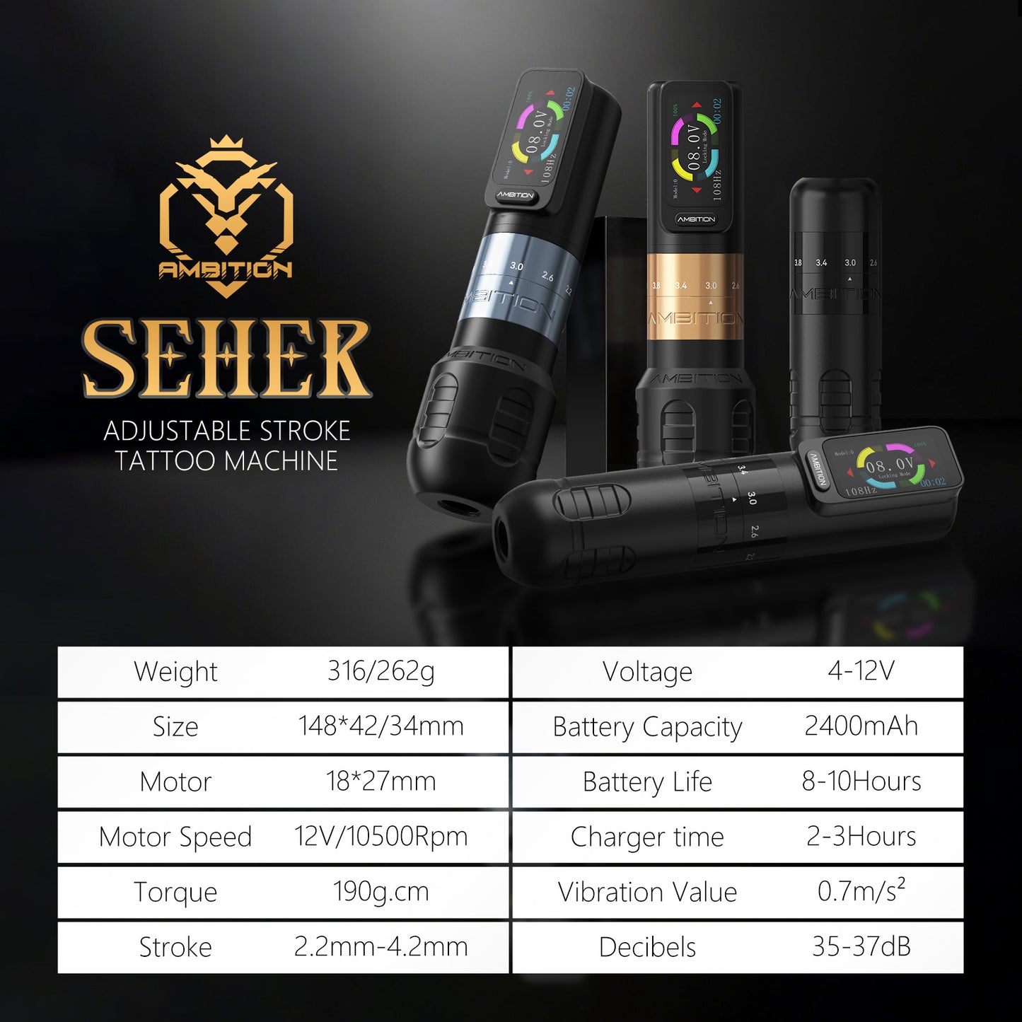 Ambition Seher Adjustable Stroke Wireless Tattoo Machine Pen