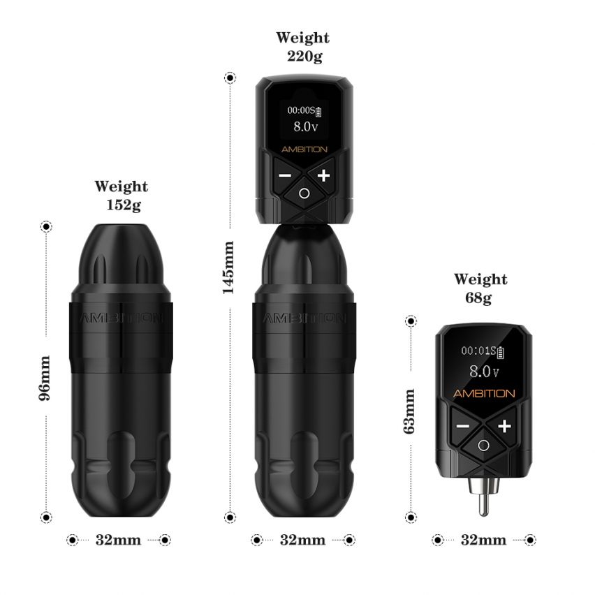 Ambition Shura Rotary Tattoo Machine With Kuark Wireless Tattoo Battery Kit