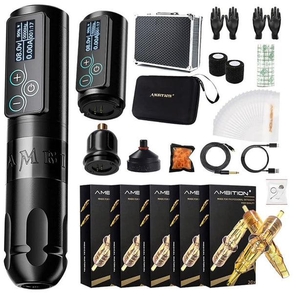  Tattoo Kit - Ambition Mars-U Wireless Tattoo Machine Kit with  Adjustable Stroke 1800mAh Power with 40pcs Tattoo Cartridges Needles Ink  Cup Gloves Bandage Practice Skin for Professional Tattoo Artists : Beauty